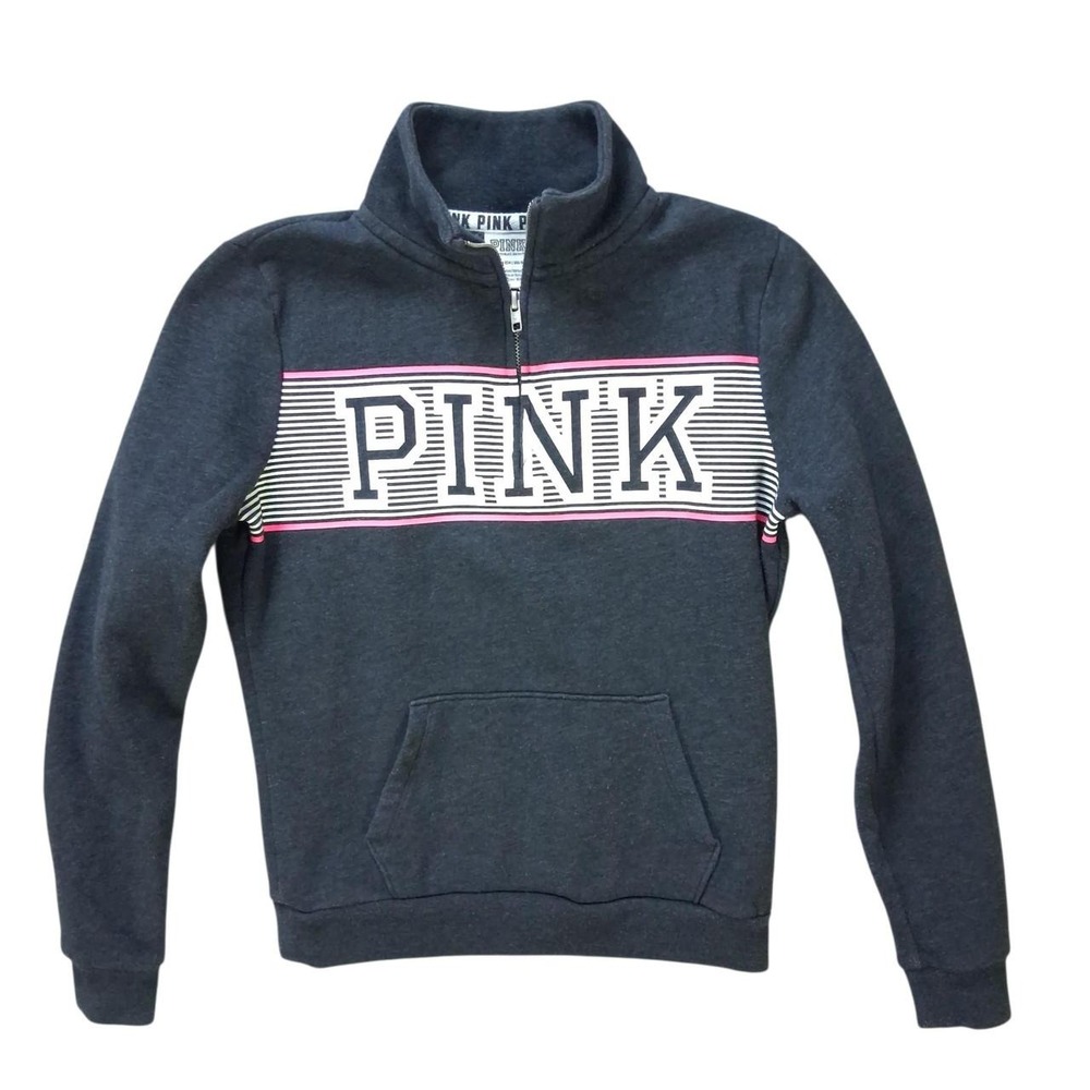 PINK Victoria's Secret Quarter Zip Sweatshirt Gray Logo Pullover XS